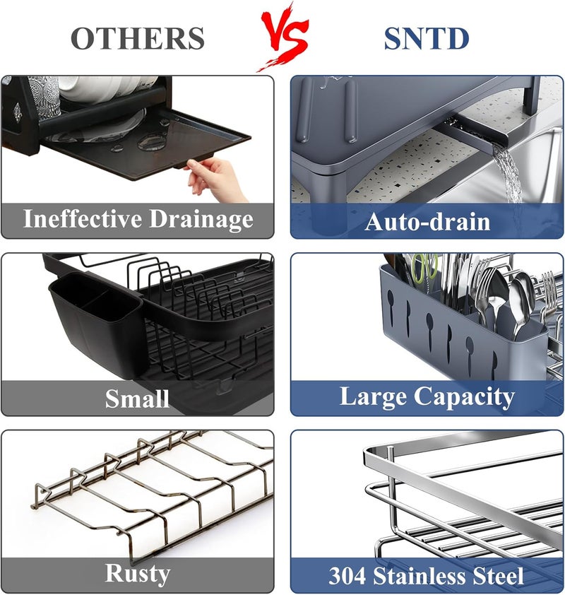 SNTD Dish Drying Rack for Kitchen Counter - Stainless Steel Dish Rack with Drainboard, Large Dish Drainer with Utensil Holder for Sink, Silver - Image 3
